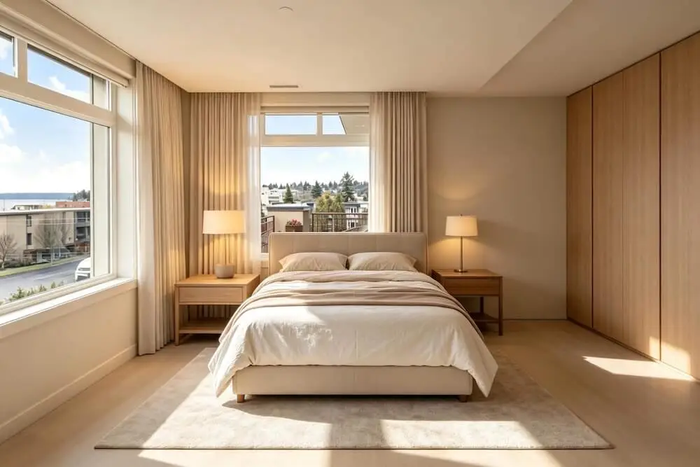 Minimalist bedroom redesign with warm neutrals and a calmer layout