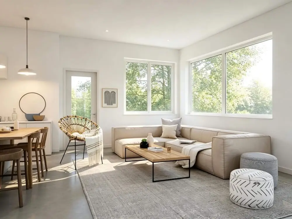Modern open-plan living room redesign with cleaner lines and brighter light